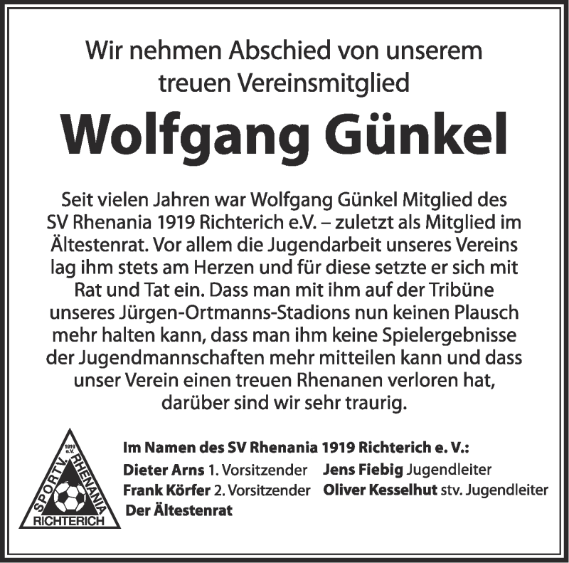 Traueranzeige für Wolfgang Günkel vom 12.09.2020 aus Aachener Zeitung / Aachener Nachrichten