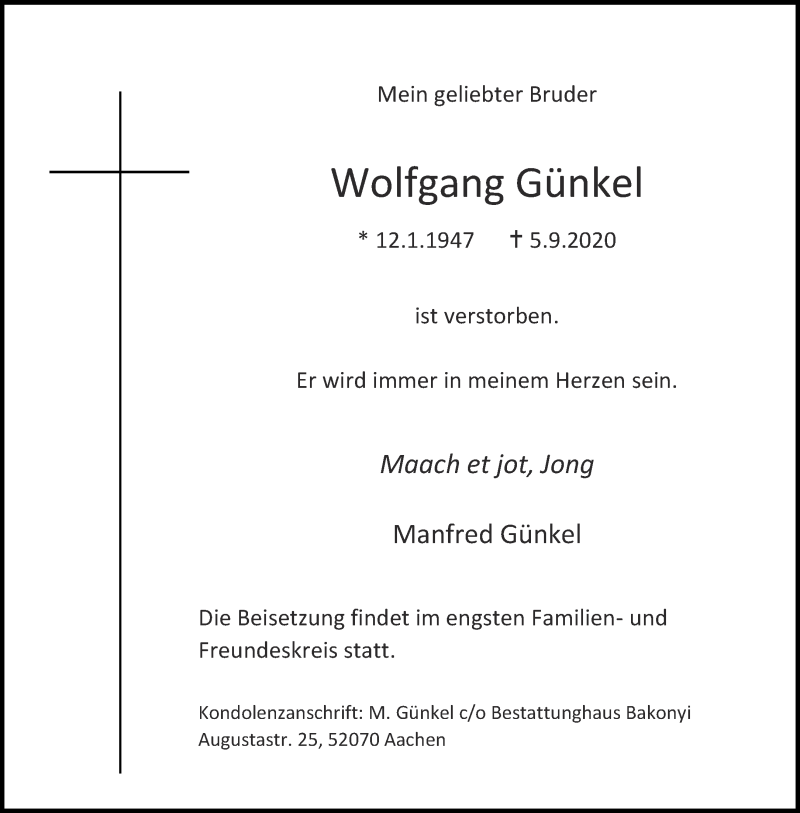  Traueranzeige für Wolfgang Günkel vom 12.09.2020 aus Aachener Zeitung / Aachener Nachrichten
