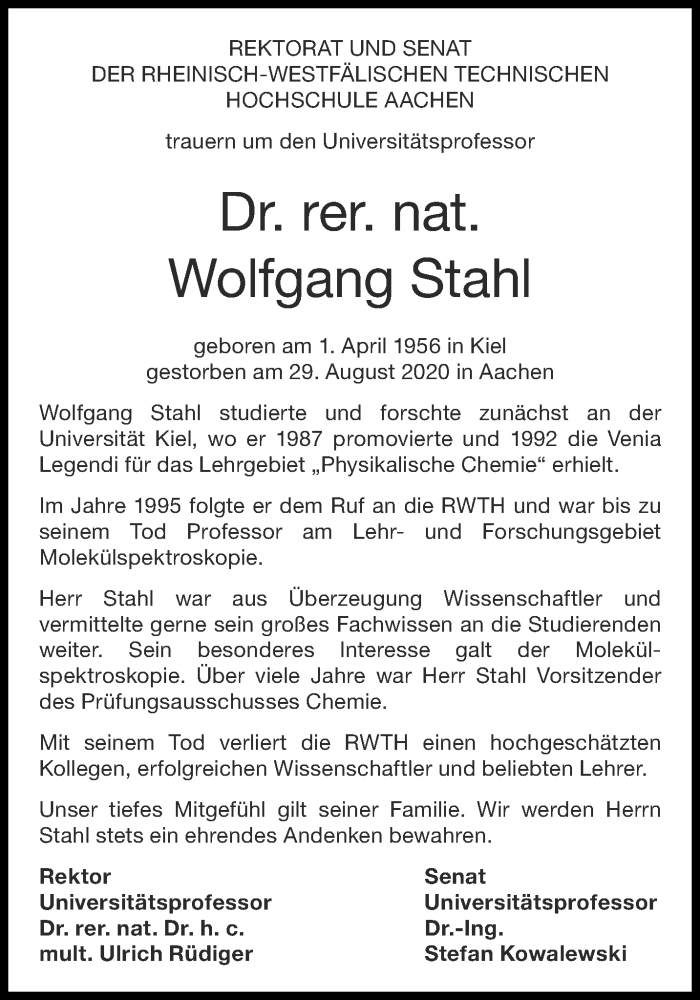  Traueranzeige für Wolfgang Stahl vom 05.09.2020 aus Aachener Zeitung / Aachener Nachrichten