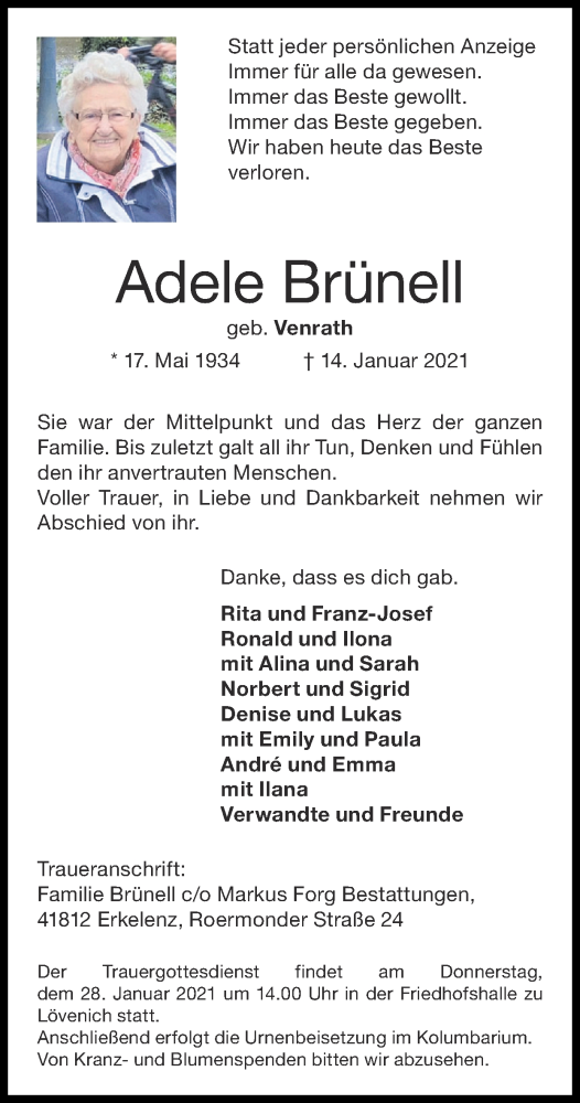  Traueranzeige für Adele Brünell vom 17.01.2021 aus Zeitung am Sonntag