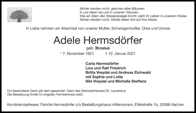  Traueranzeige für Adele Hermsdörfer vom 16.01.2021 aus Aachener Zeitung / Aachener Nachrichten