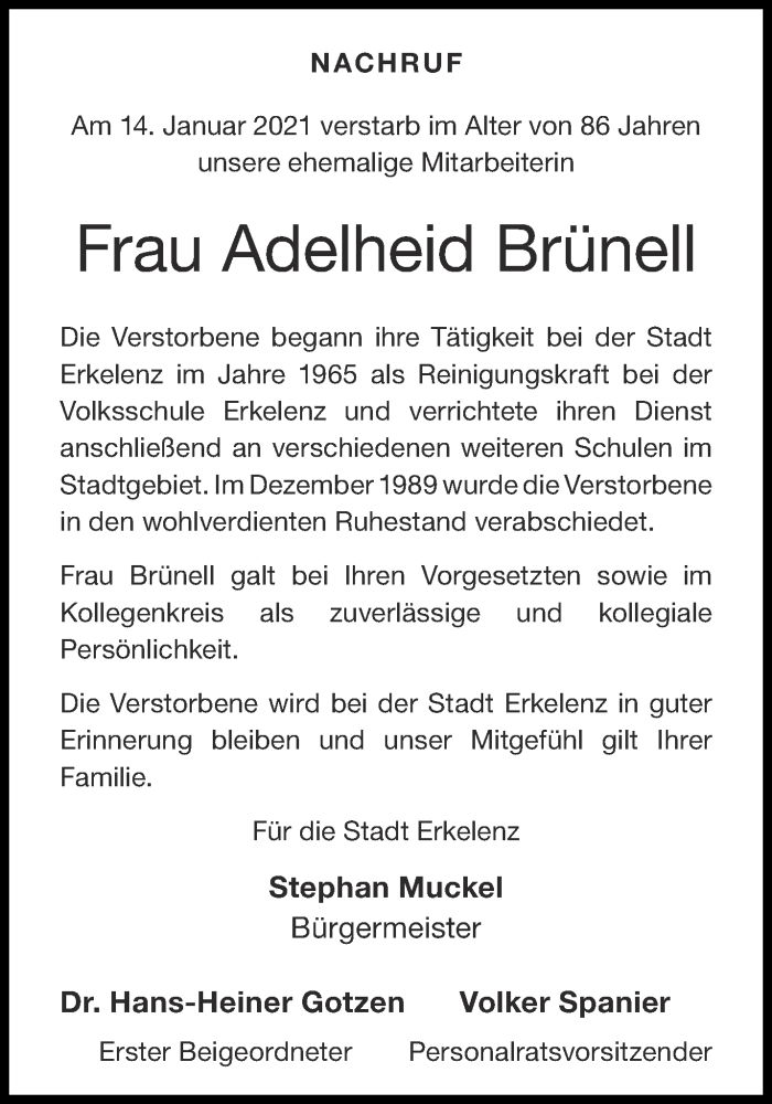  Traueranzeige für Adelheid Brünell vom 30.01.2021 aus Aachener Zeitung / Aachener Nachrichten