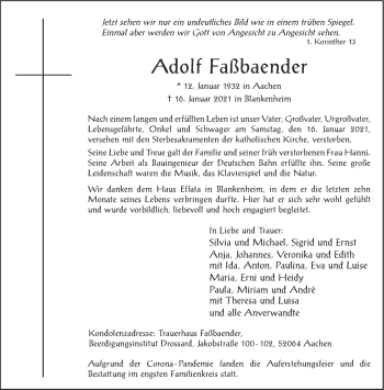 Traueranzeige von Adolf Faßbaender von Aachener Zeitung / Aachener Nachrichten
