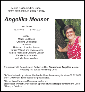 Traueranzeige von Angelika Meuser von Zeitung am Sonntag