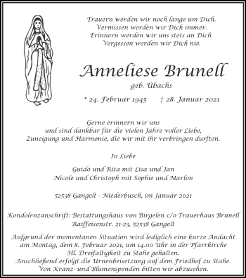 Traueranzeige von Anneliese Brunell von Zeitung am Sonntag