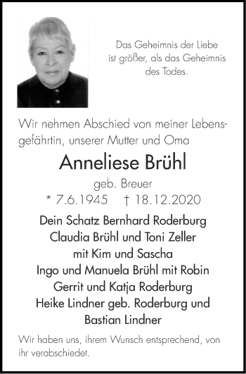 Traueranzeige von Anneliese Brühl von Zeitung am Sonntag