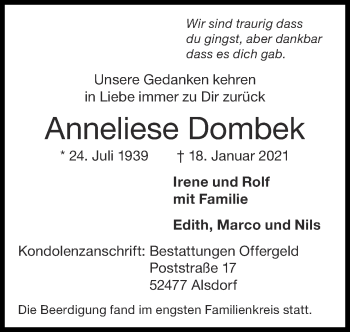 Traueranzeige von Anneliese Dombek von Zeitung am Sonntag