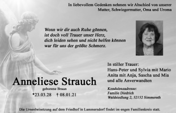 Traueranzeige von Anneliese Strauch von Zeitung am Sonntag