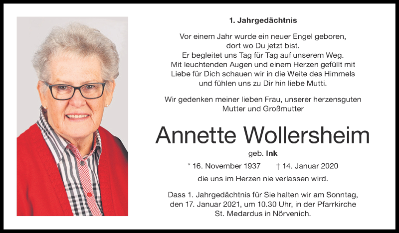  Traueranzeige für Annette Wollersheim vom 10.01.2021 aus Zeitung am Sonntag