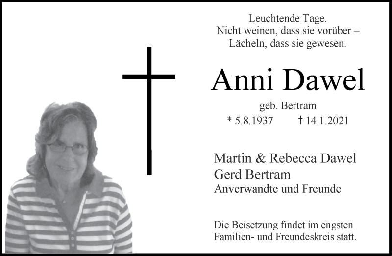  Traueranzeige für Anni Dawel vom 23.01.2021 aus Aachener Zeitung / Aachener Nachrichten