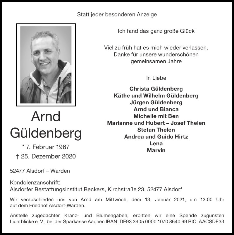  Traueranzeige für Arnd Güldenberg vom 10.01.2021 aus Zeitung am Sonntag