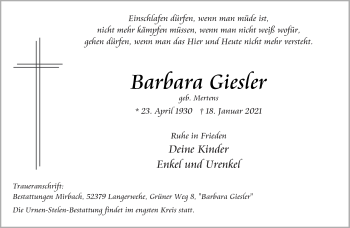 Traueranzeige von Barbara Giesler von Aachener Zeitung / Aachener Nachrichten