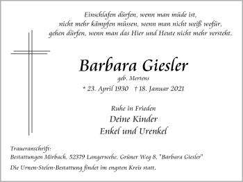 Traueranzeige von Barbara Giesler von Zeitung am Sonntag