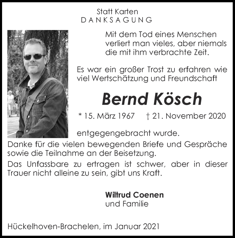  Traueranzeige für Bernd Kösch vom 17.01.2021 aus Zeitung am Sonntag