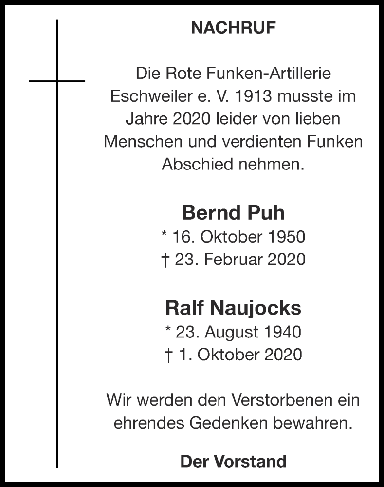  Traueranzeige für Bernd Puh vom 03.01.2021 aus Zeitung am Sonntag