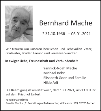Traueranzeige von Bernhard Mache von Aachener Zeitung / Aachener Nachrichten