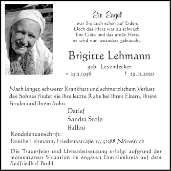 Traueranzeige von Brigitte Lehmann von Zeitung am Sonntag
