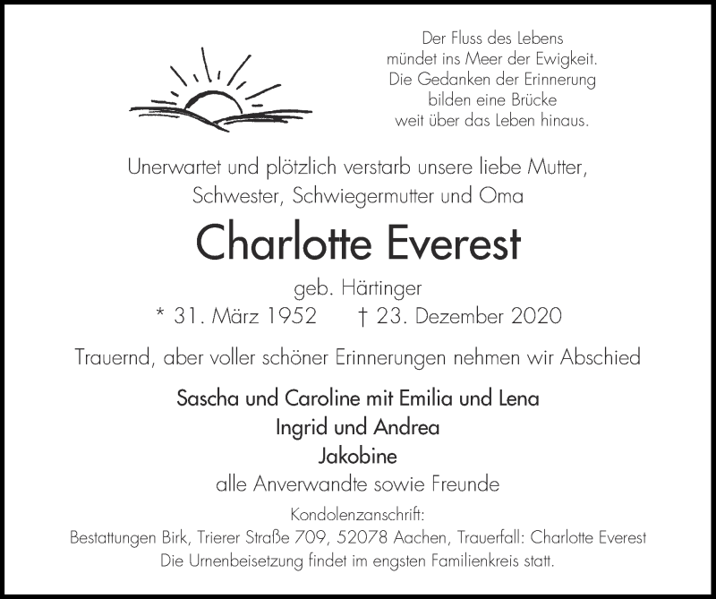  Traueranzeige für Charlotte Everest vom 03.01.2021 aus Zeitung am Sonntag