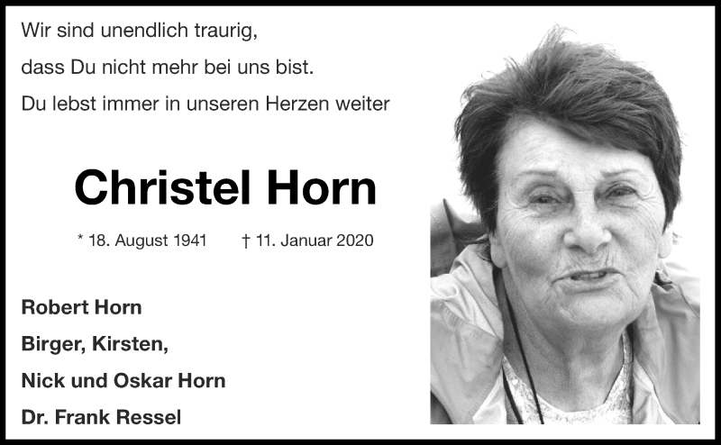  Traueranzeige für Christel Horn vom 11.01.2021 aus Aachener Zeitung / Aachener Nachrichten