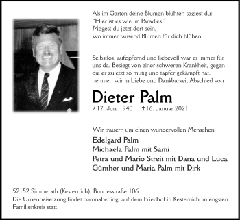 Traueranzeige von Dieter Palm von Zeitung am Sonntag