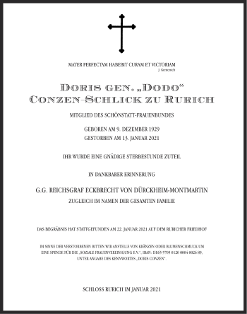 Traueranzeige von Doris Conzen-Schlick zu Rurich von Aachener Zeitung / Aachener Nachrichten