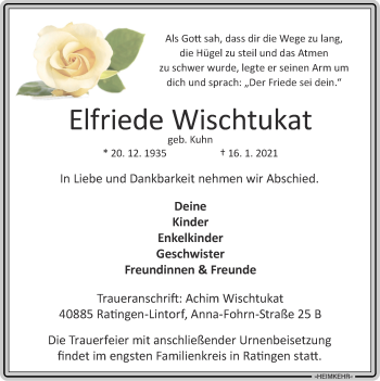 Traueranzeige von Elfriede Wischtukat von Zeitung am Sonntag