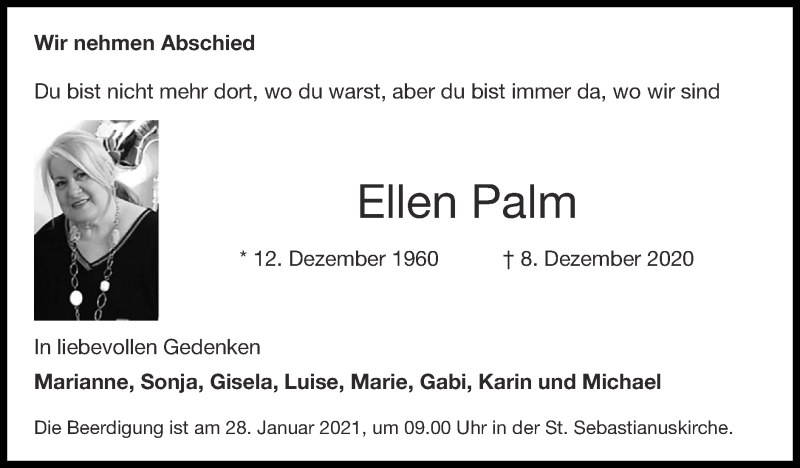  Traueranzeige für Ellen Palm vom 24.01.2021 aus Zeitung am Sonntag