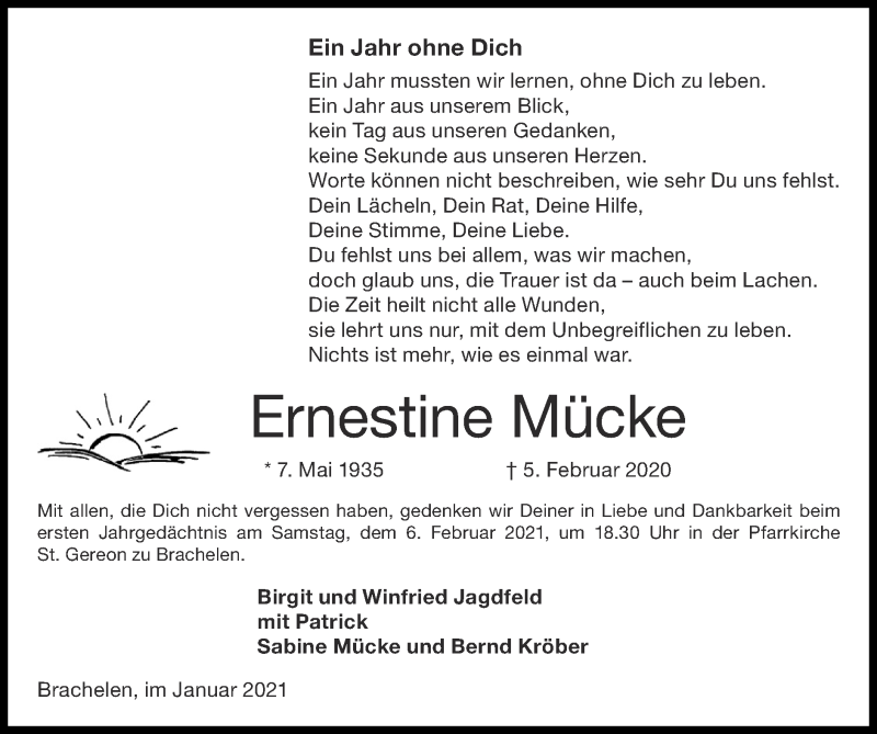  Traueranzeige für Ernestine Mücke vom 31.01.2021 aus Zeitung am Sonntag
