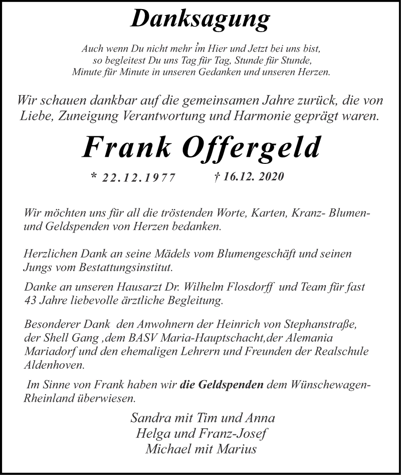  Traueranzeige für Frank Offergeld vom 17.01.2021 aus Zeitung am Sonntag