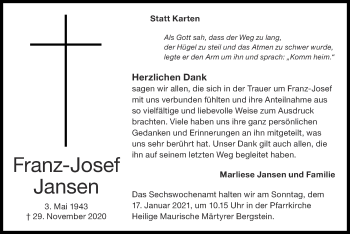 Traueranzeige von Franz-Josef Jansen von Zeitung am Sonntag