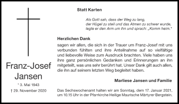 Traueranzeige von Franz-Josef Jansen von Aachener Zeitung / Aachener Nachrichten