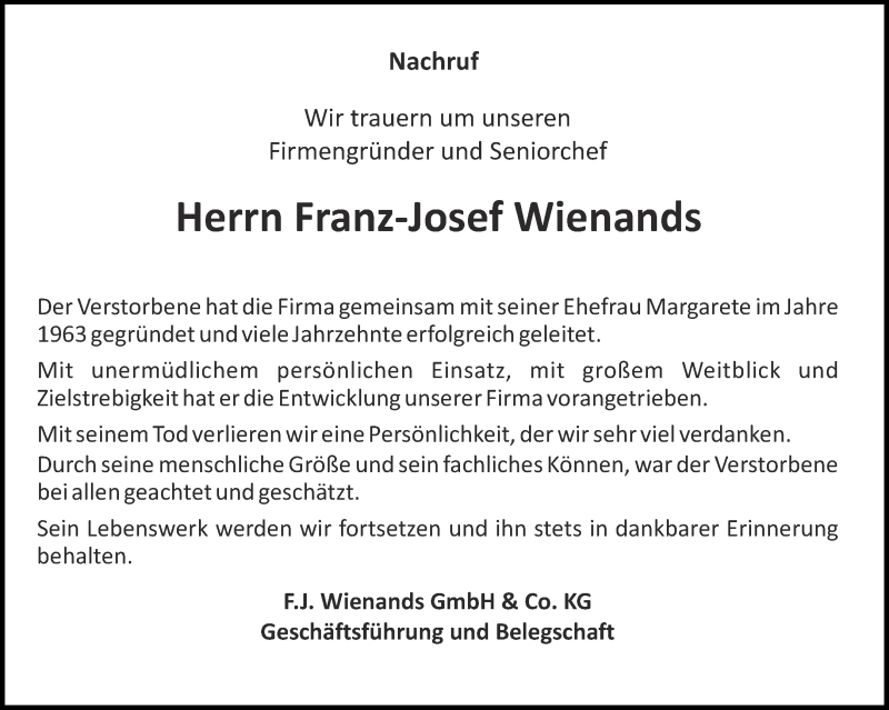  Traueranzeige für Franz-Josef Wienands vom 23.01.2021 aus Aachener Zeitung / Aachener Nachrichten