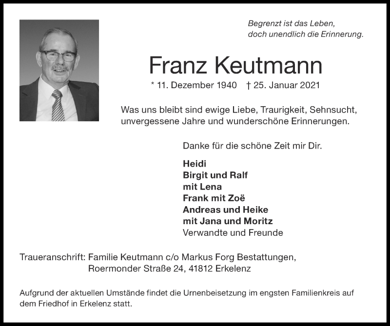  Traueranzeige für Franz Keutmann vom 31.01.2021 aus Zeitung am Sonntag