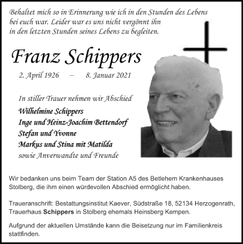 Traueranzeige von Franz Schippers von Zeitung am Sonntag