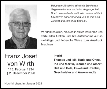 Traueranzeige von Franz Josef von Wirth von Zeitung am Sonntag