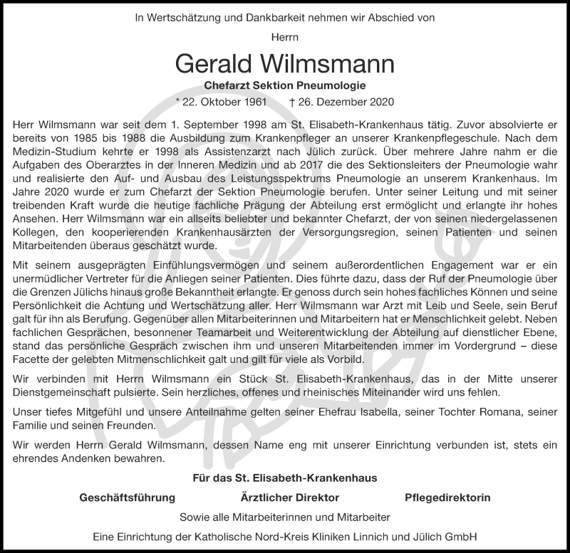  Traueranzeige für Gerald Wilmsmann vom 02.01.2021 aus Aachener Zeitung / Aachener Nachrichten