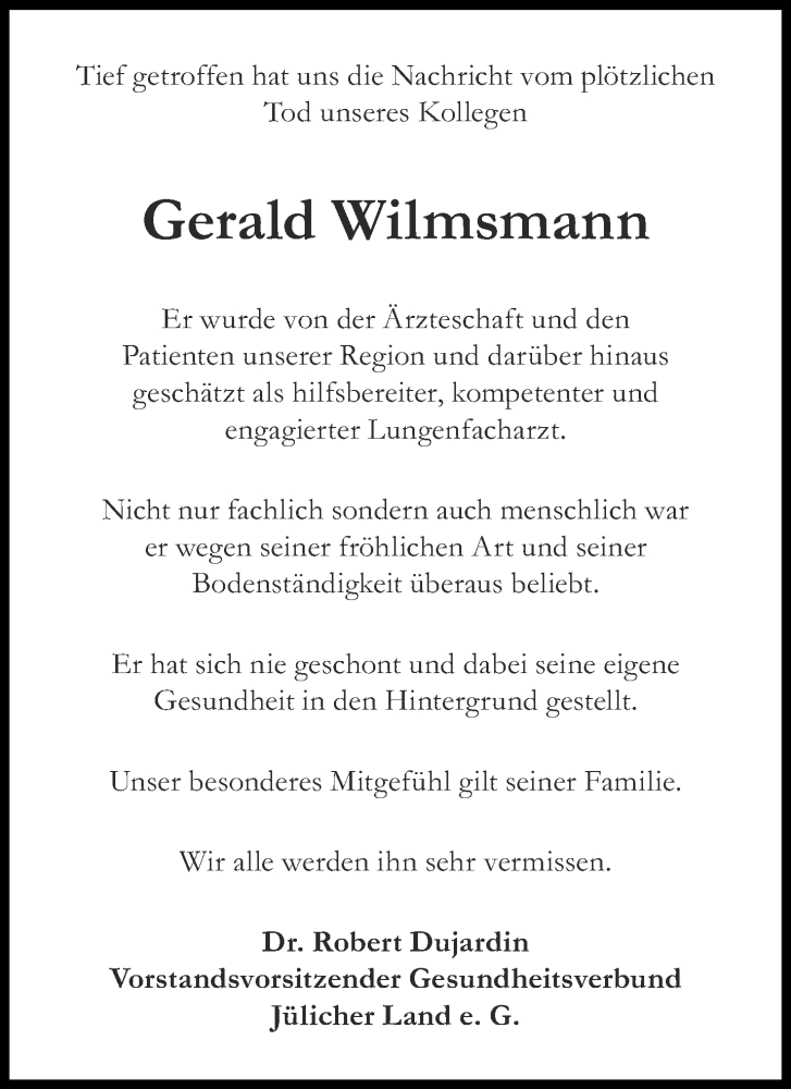  Traueranzeige für Gerald Wilmsmann vom 09.01.2021 aus Aachener Zeitung / Aachener Nachrichten