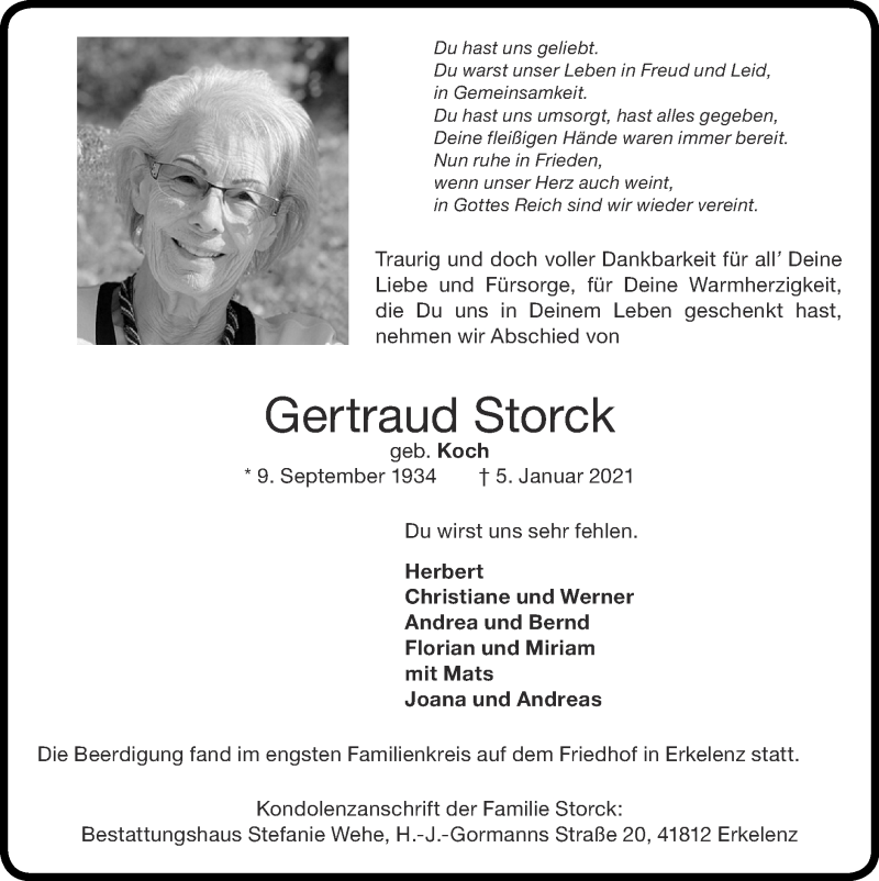  Traueranzeige für Gertraud Storck vom 10.01.2021 aus Zeitung am Sonntag