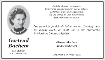 Traueranzeige von Gertrud Bachem von Aachener Zeitung / Aachener Nachrichten