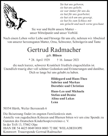 Traueranzeige von Gertrud Radmacher von Zeitung am Sonntag