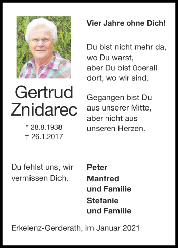 Traueranzeige von Gertrud Znidarec von Zeitung am Sonntag