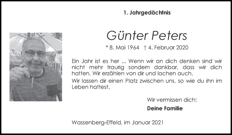  Traueranzeige für Günter Peters vom 31.01.2021 aus Zeitung am Sonntag