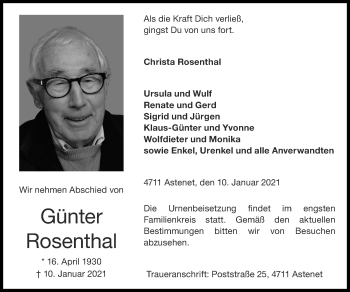 Traueranzeige von Günter Rosenthal von Zeitung am Sonntag