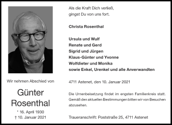 Traueranzeige von Günter Rosenthal von Aachener Zeitung / Aachener Nachrichten