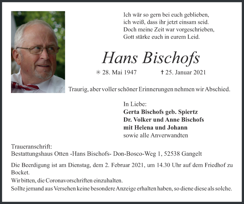  Traueranzeige für Hans Bischofs vom 31.01.2021 aus Zeitung am Sonntag