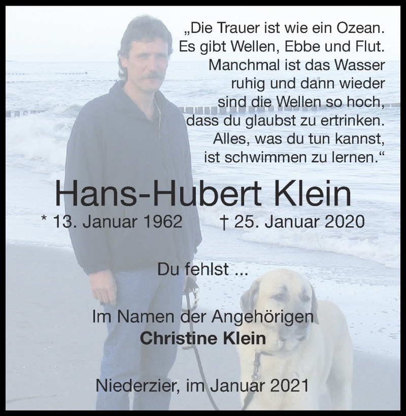  Traueranzeige für Hans-Hubert Klein vom 24.01.2021 aus Zeitung am Sonntag