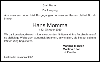 Traueranzeige von Hans  Momma von Zeitung am Sonntag
