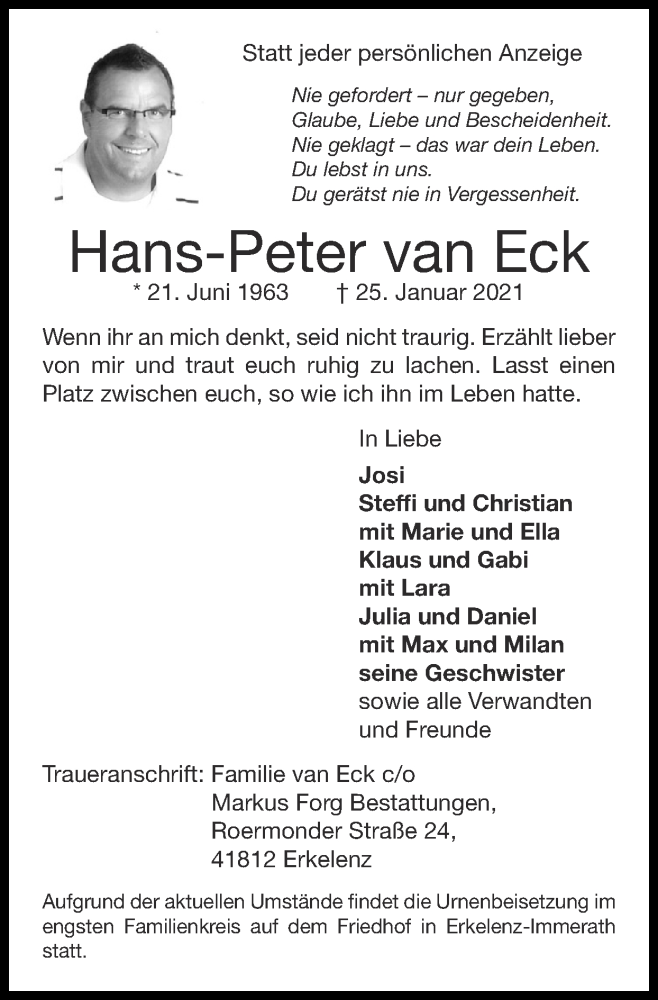  Traueranzeige für Hans-Peter van Eck vom 31.01.2021 aus Zeitung am Sonntag