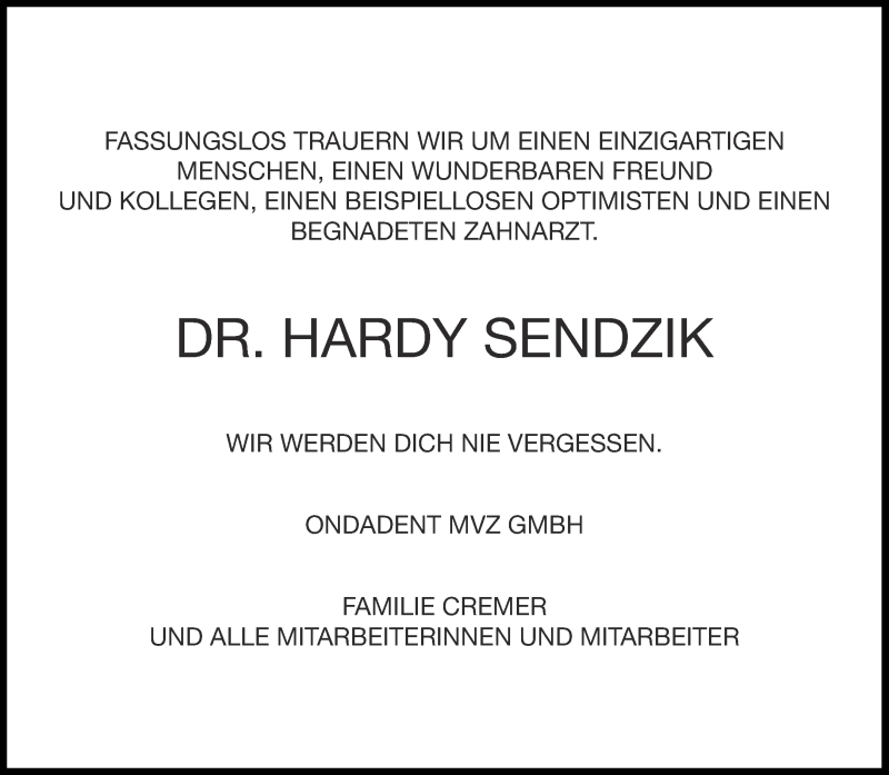  Traueranzeige für Hardy Sendzik vom 16.01.2021 aus Aachener Zeitung / Aachener Nachrichten
