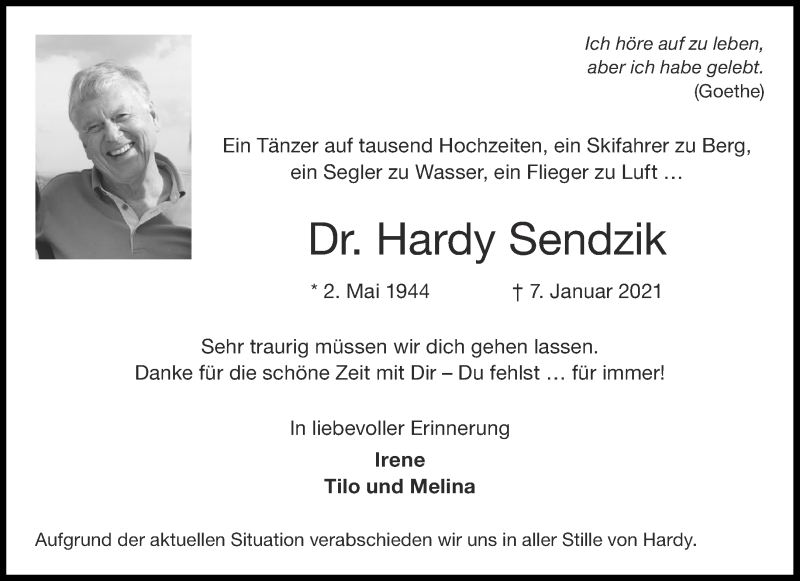  Traueranzeige für Hardy Sendzik vom 16.01.2021 aus Aachener Zeitung / Aachener Nachrichten